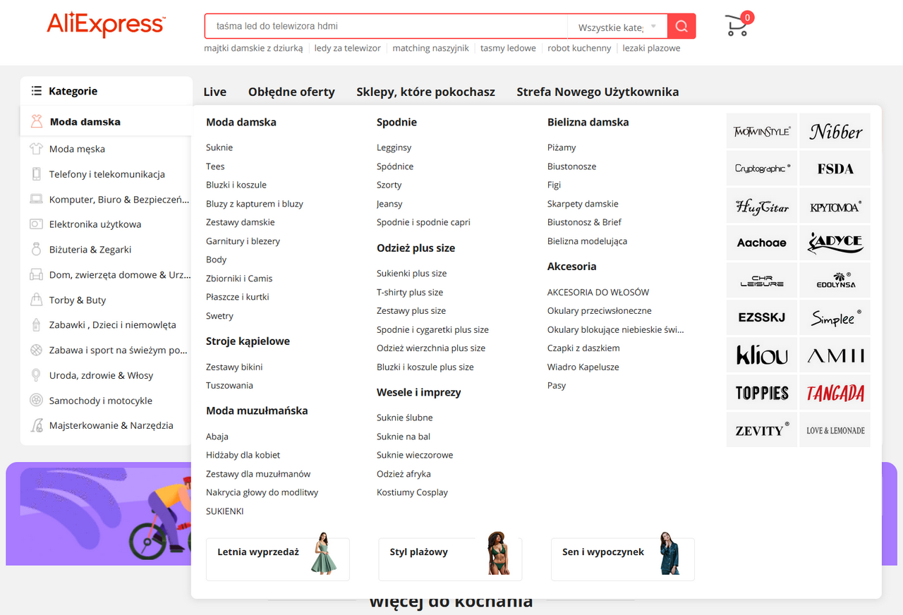 Liczne linki w podkategoriach uniemożliwiające swobodną nawigację