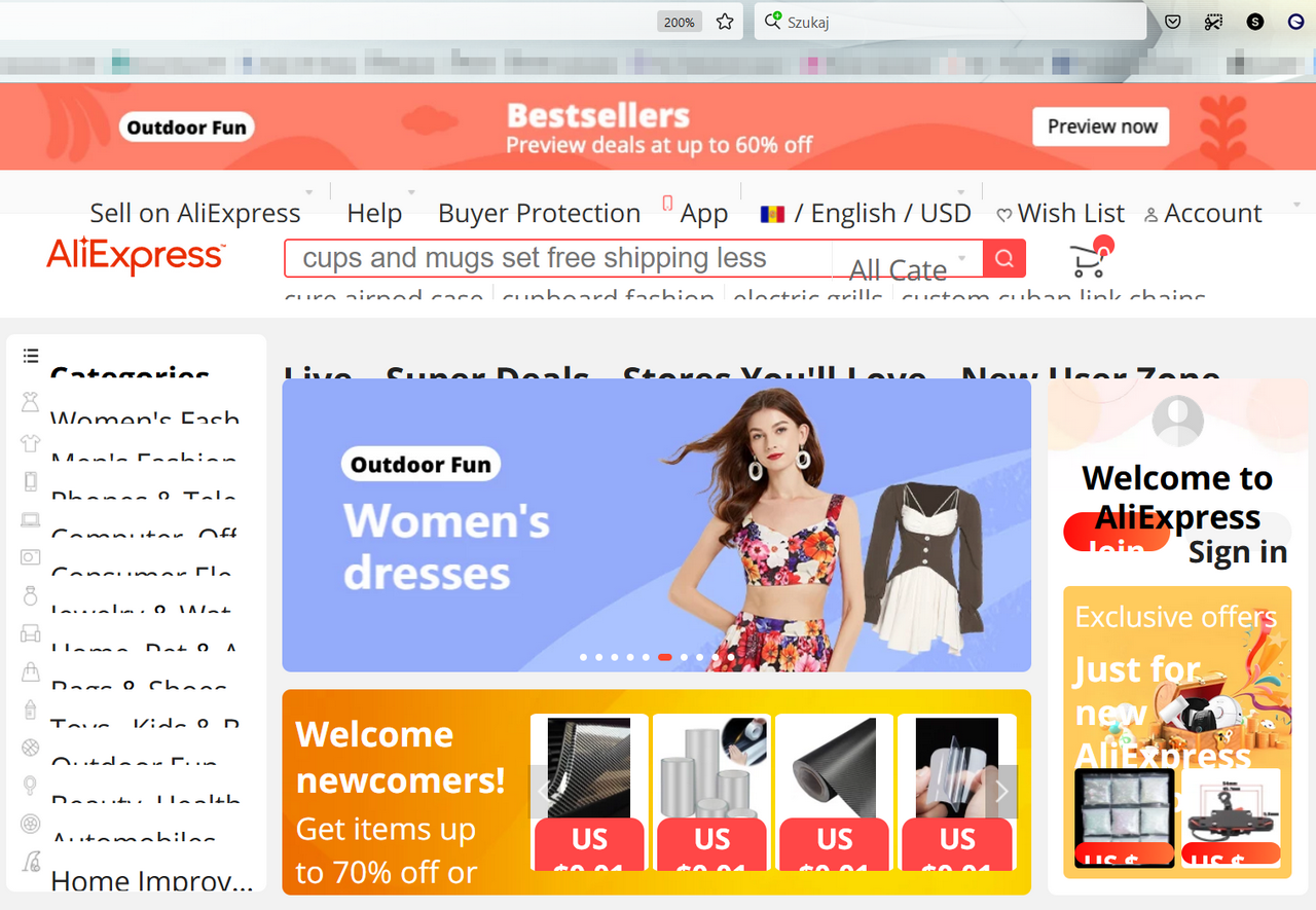 Powiększenie tekstu na stronie AliExpress do 200%