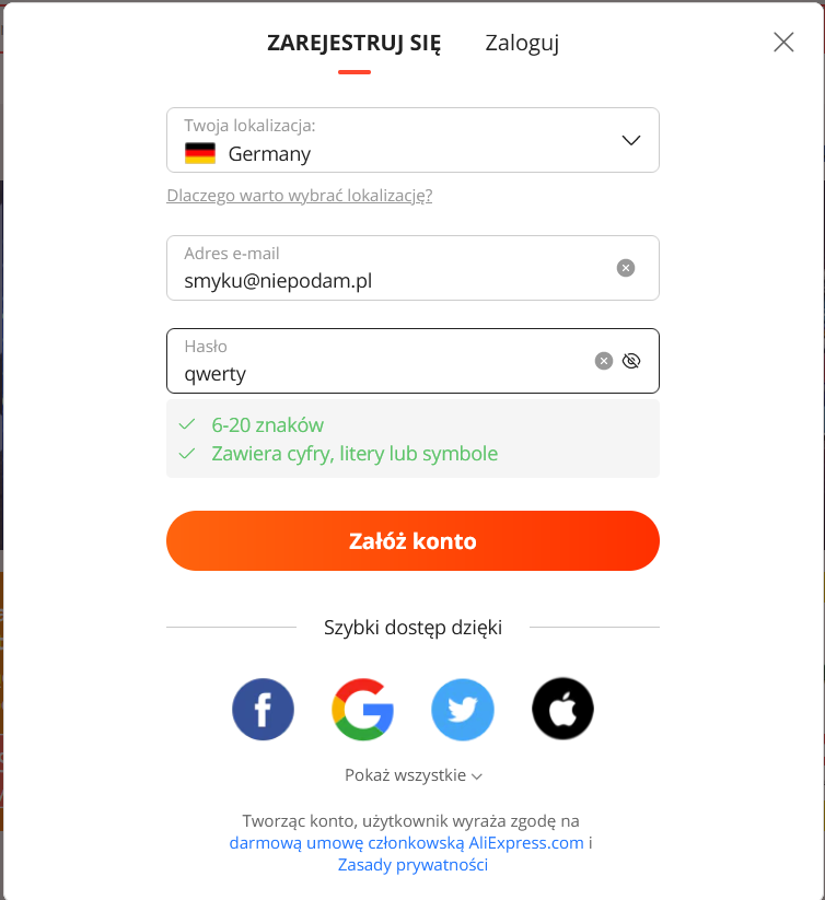 Błąd walidatora haseł na AliExpress