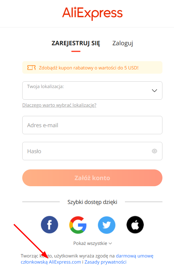 Formularz rejestracji AliExpress zawierający link do umowy w języku chińskim.