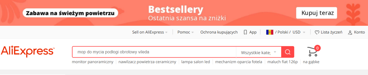 Wybrana wybrana waluta przez Ali Express dla Polski to USD