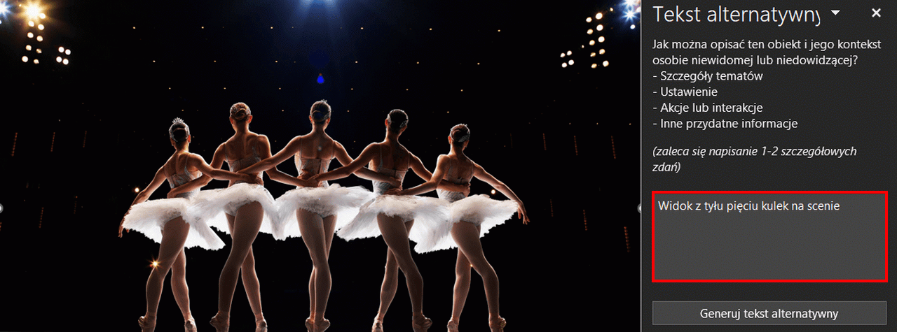 Pięć tańczących baletnic na scenie odwróconych tyłem