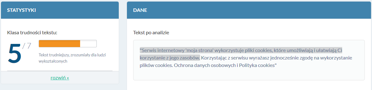 Wyniki badania mglistości tekstu narzędziem jasnopis. Treść mało dostępna.