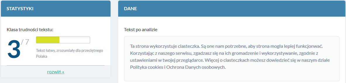 Wyniki badania mglistości tekstu narzędziem jasnopis. Treść dostępna.