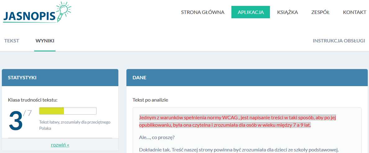 Wyniki badania mglistości tekstu tego artykułu narzędziem jasnopis.